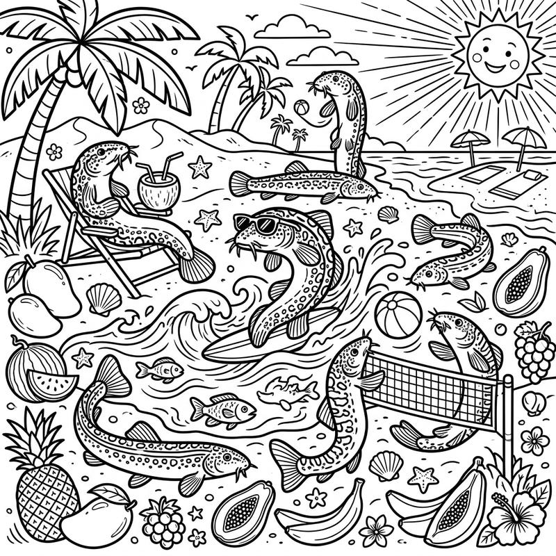 Get ready for a fin-tastic summer adventure with these playful loaches! This detailed coloring page, perfect for teens, captures all the vibrant energy of a beach vacation.