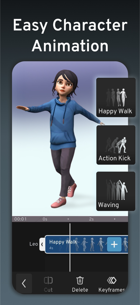 Eine mobile App-Oberfläche, die eine 3D-Mädchenfigur mit Animations-Presets wie "Happy Walk" und "Action Kick" auf einer Zeitleiste zeigt