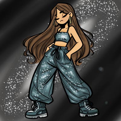girl in baggy pants crop top and long hair
