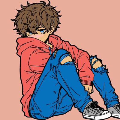 a male hoddie ripped jeans messy hair anime