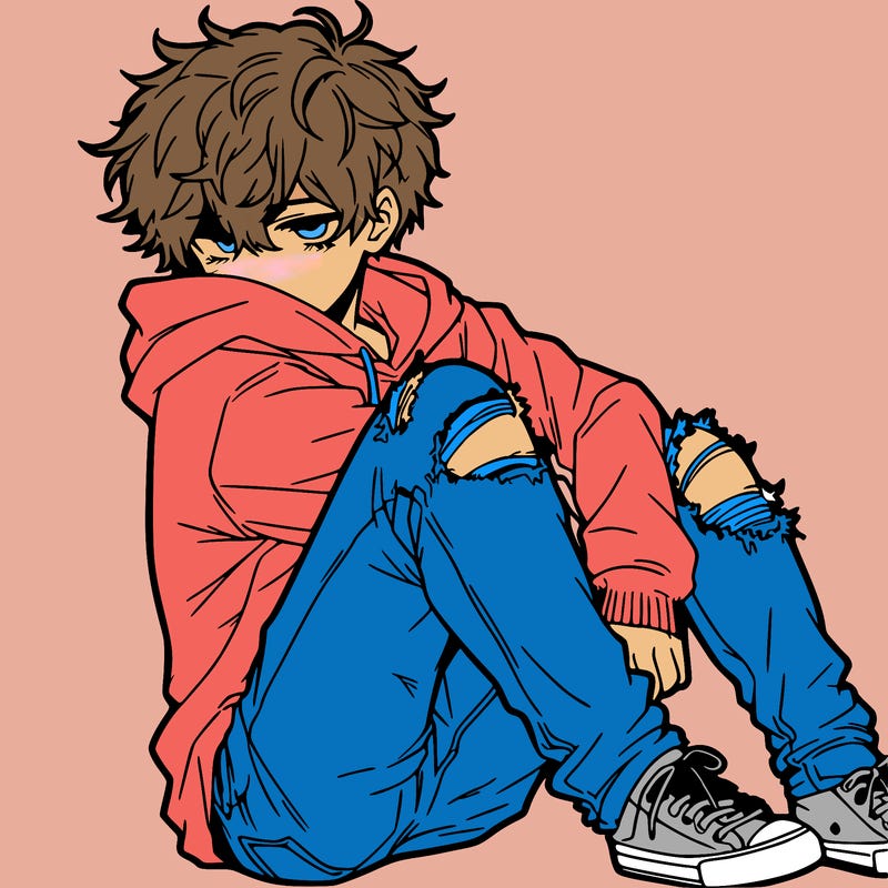 a male hoddie ripped jeans messy hair anime