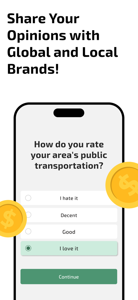 AttaPoll mobile app interface showing a survey question about public transportation with floating gold coins