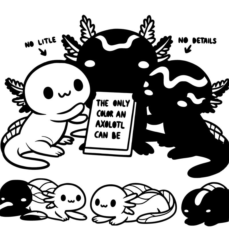 three  axolotl’s and a sign that says the only color an axolotl can be is pink black and gold  super cute animated