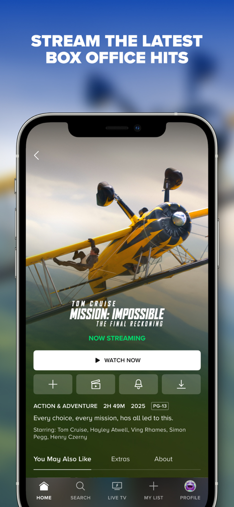 Paramount+ - Paramount Plus app screen showing Mission Impossible The Final Reckoning movie details with a watch now button.
