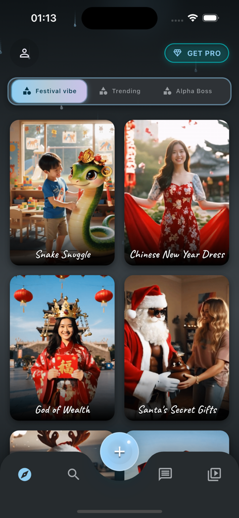 Chuva AI: Bring Photos to Life - Interface of the Chuva AI app showing various festival themed video animation templates