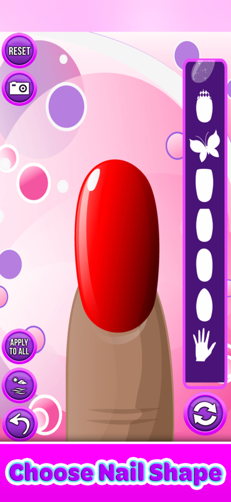 Nail Salon - Paint & Decorate - A screenshot from the Nail Salon app showing a large red painted nail with a menu to select different nail shapes.