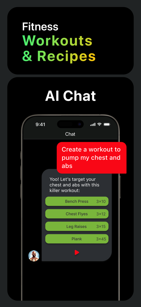 FitBot AI-Powered Fitness Chat - FitBot app interface showing an AI chat generating a personalized chest and abs workout plan