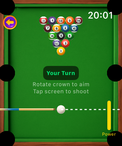 8 Ball Pool for Watch - Gameplay of 8 Ball Pool for Watch showing the pool table racked balls and digital crown controls