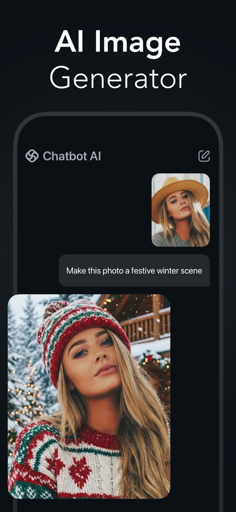 Interfaz de la aplicación Chatbot AI mostrando una foto transformándose en una escena festiva de invierno utilizando el generador de imágenes IA