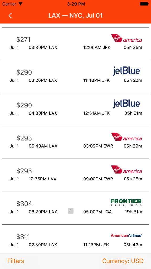 Cheap Airline Flights Tickets - Booking travel app - LAXからNYCへのフライト検索結果のリスト、価格と航空会社のロゴを表示