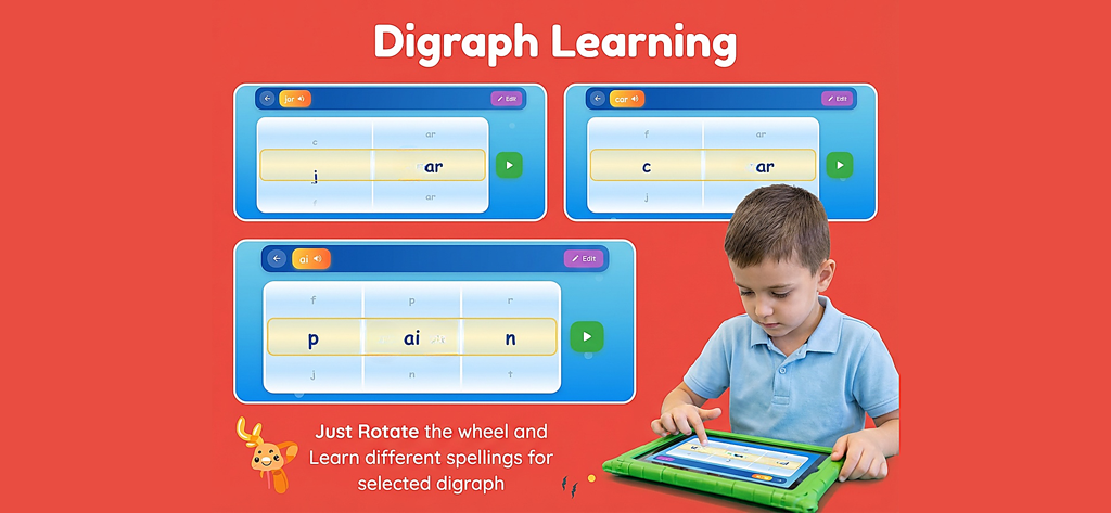 Kids Academy - Learn and Play - Un niño interactúa con un juego de aprendizaje de dígrafos en una tableta dentro de la aplicación Kids Academy.