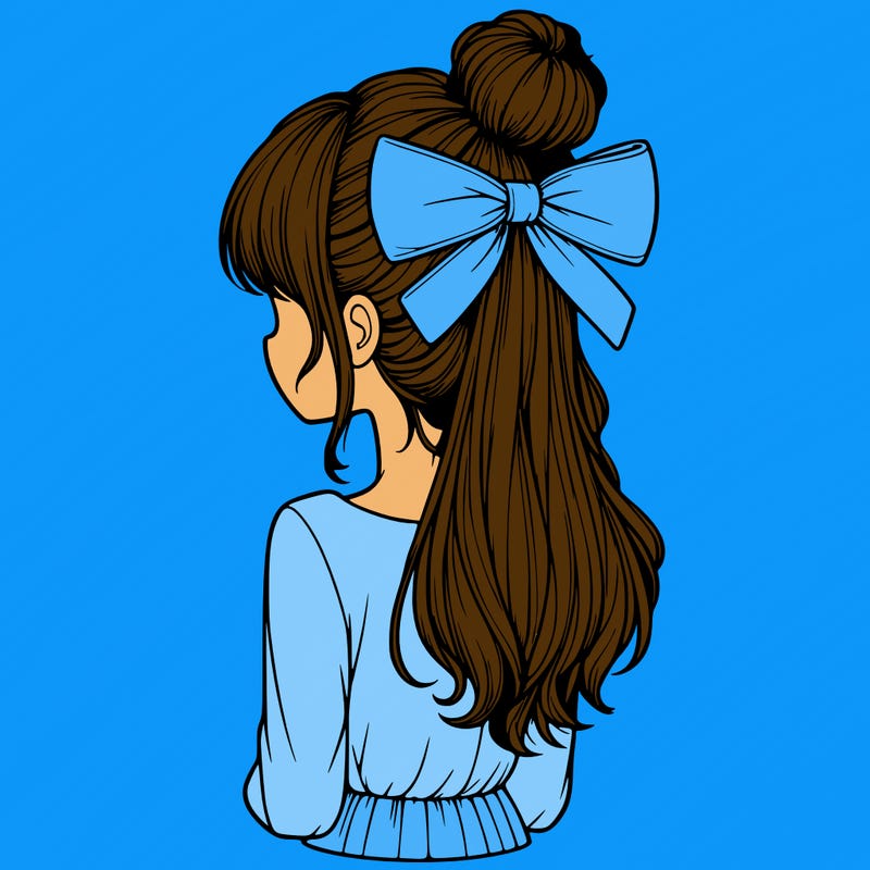 realistic girl  with hip length hair a bun and a big bow on the back of head