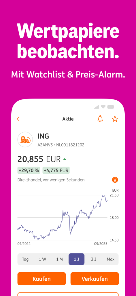 ING Deutschland mobile app showing stock performance chart and buy sell options