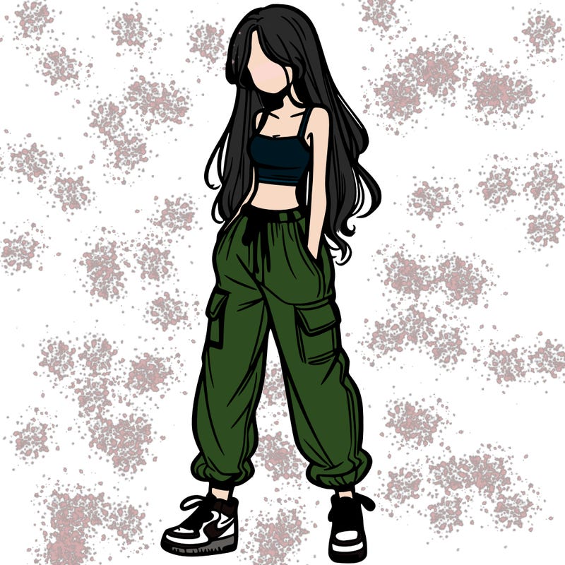 girl in baggy pants crop top and long hair