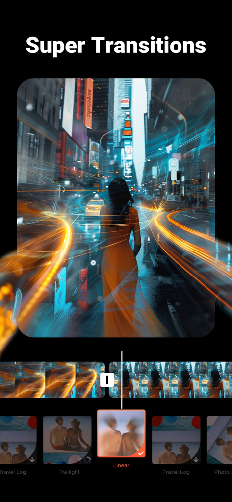 VideoShow app interface showcasing cinematic transitions and light trail effects for mobile video editing