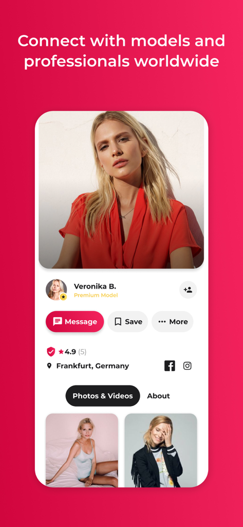 Model Now app showing a professional model profile with images and ratings