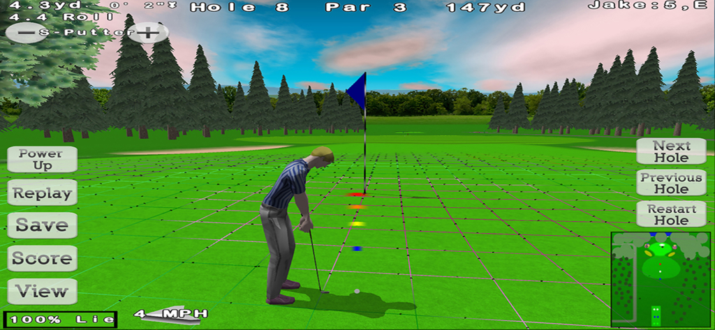 Nova Golf Lite - A golfer prepares to putt on a 3D green with a grid overlay in Nova Golf Lite