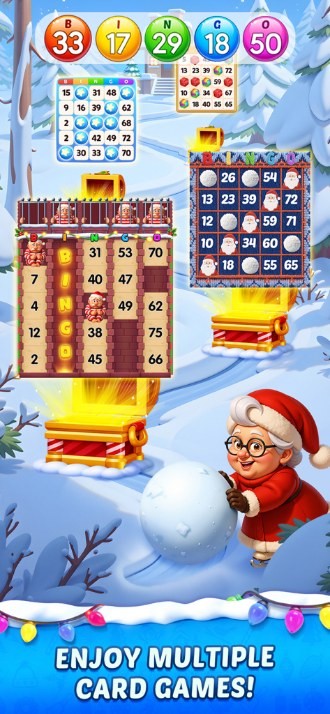 Gameplay di Bingo Voyage a tema vacanze invernali con più carte del bingo e un personaggio avatar in un paesaggio innevato