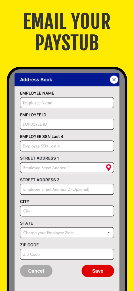 Écran du carnet d'adresses pour la saisie des détails des employés dans l'application UK Paystub.