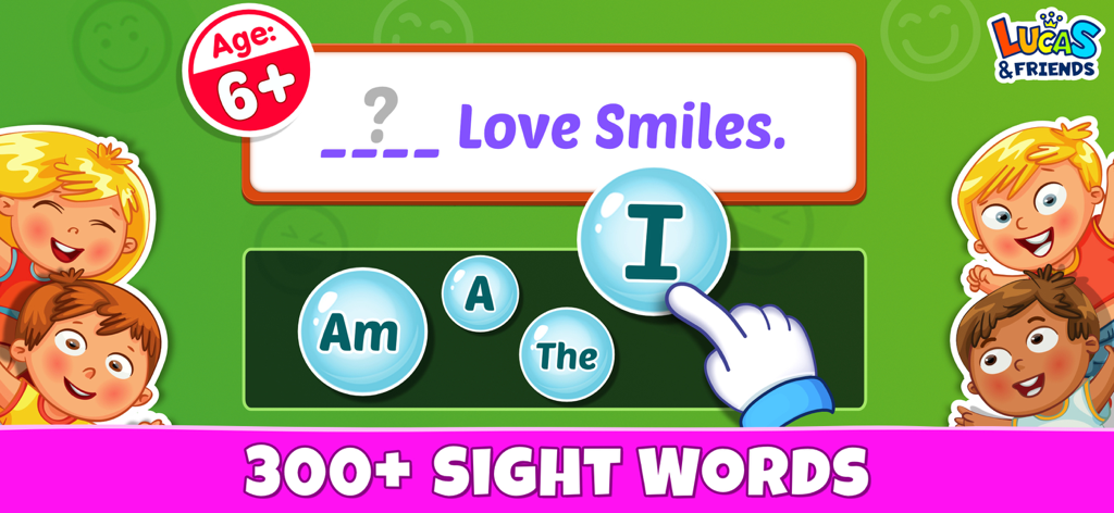 Sight Words - Pre-k to 3rd - Pantalla del juego de creación de oraciones con palabras de uso frecuente y burbujas donde los niños eligen la palabra correcta para completar una oración.