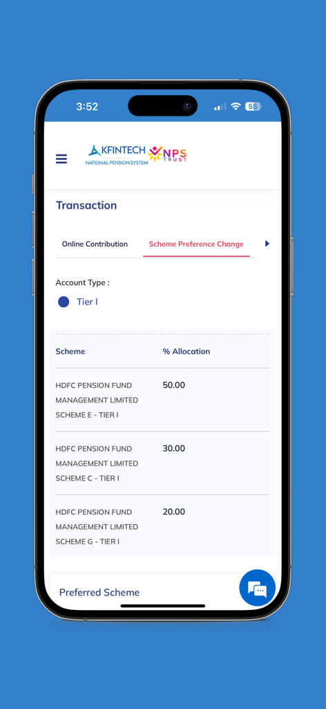 NPS by KFintech-CRA - NPS mobile app interface showing scheme preference change and fund allocation for a Tier I account