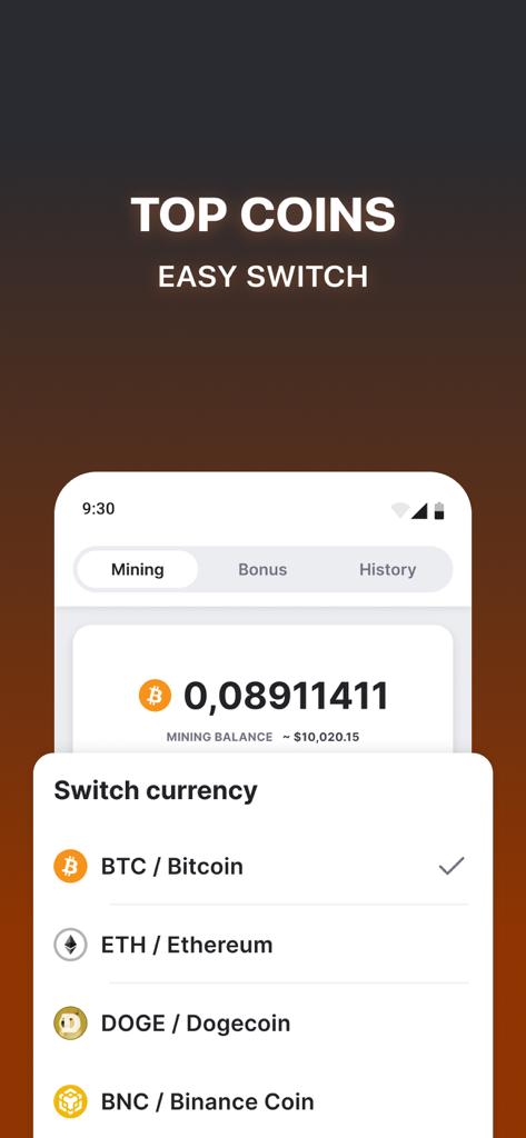 Interface of CT Pool app showing a menu to switch between cryptocurrencies for mining including Bitcoin and Ethereum