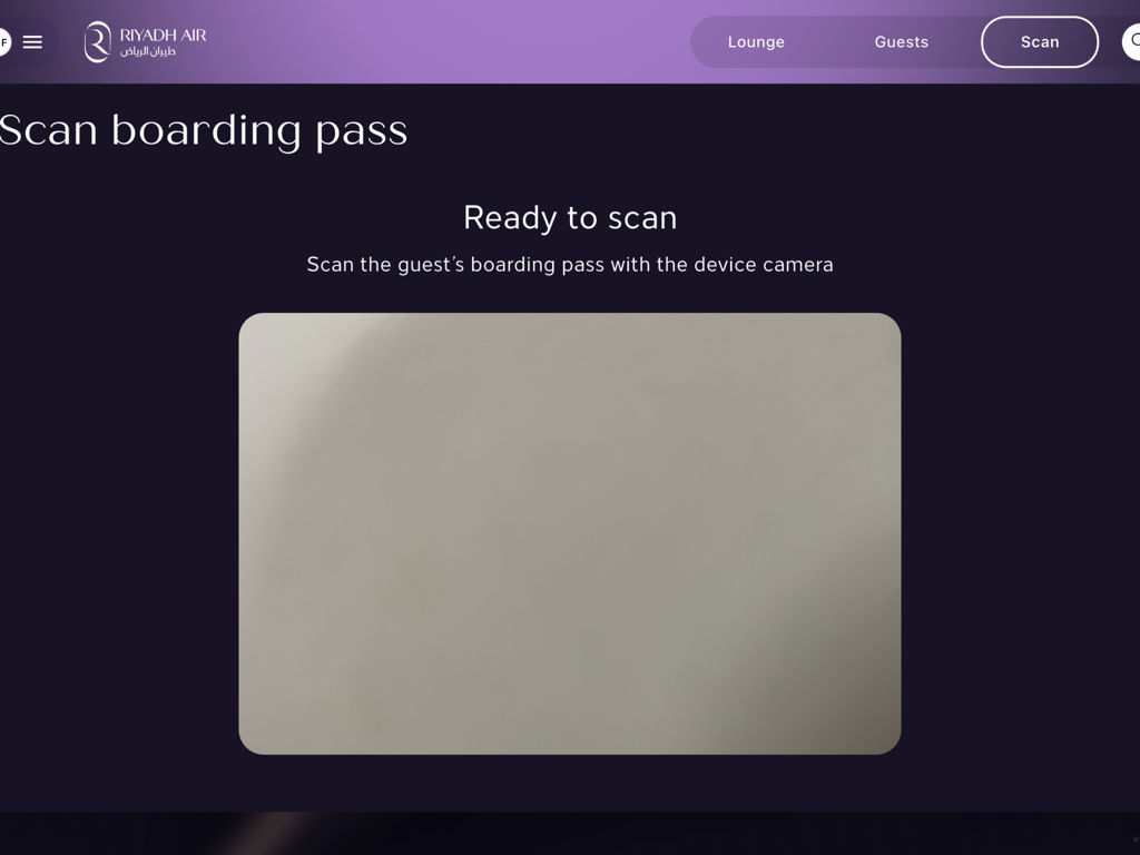 Ink Aura - iPad interface of Ink Aura app showing the scan boarding pass screen with camera viewfinder for airport lounge access