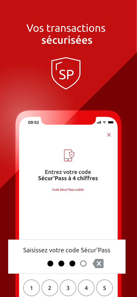 CE net – Caisse d’Epargne - Interface de transaction sécurisée dans l'application Caisse d'Epargne CE net pour la saisie d'un code SecurPass à 4 chiffres.