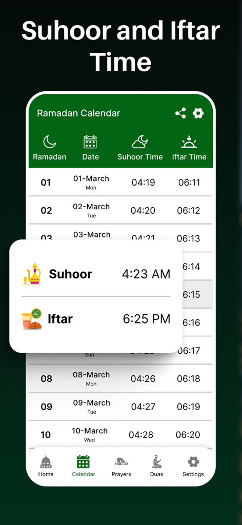 Ramadan 2026 app interface showing Suhoor and Iftar fasting times