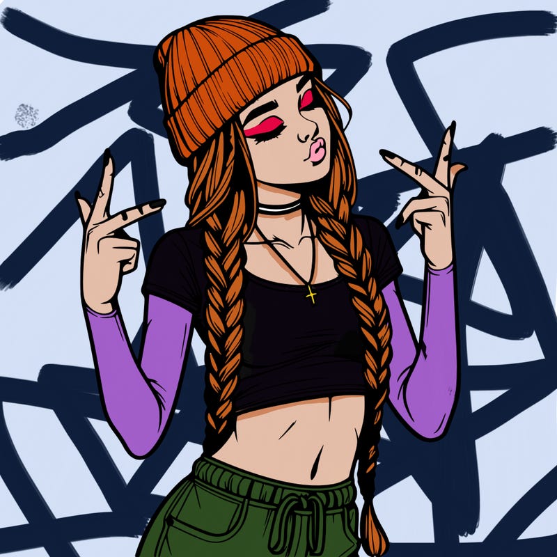 realistic teenage girl with braids and a beanie and crop top doing 🫶🏼