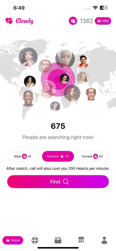 Closely - Live Video Chat - Interface of Closely app showing a world map with active user profiles and a find button for live video chat matching