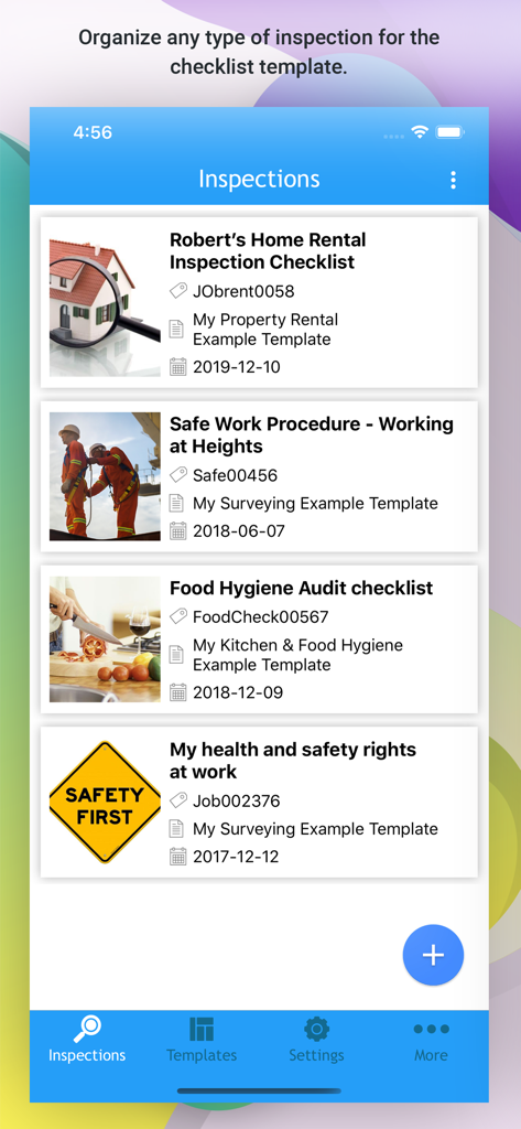 Dashboard view of the OnSite Checklists app displaying various site audit and safety inspection reports.
