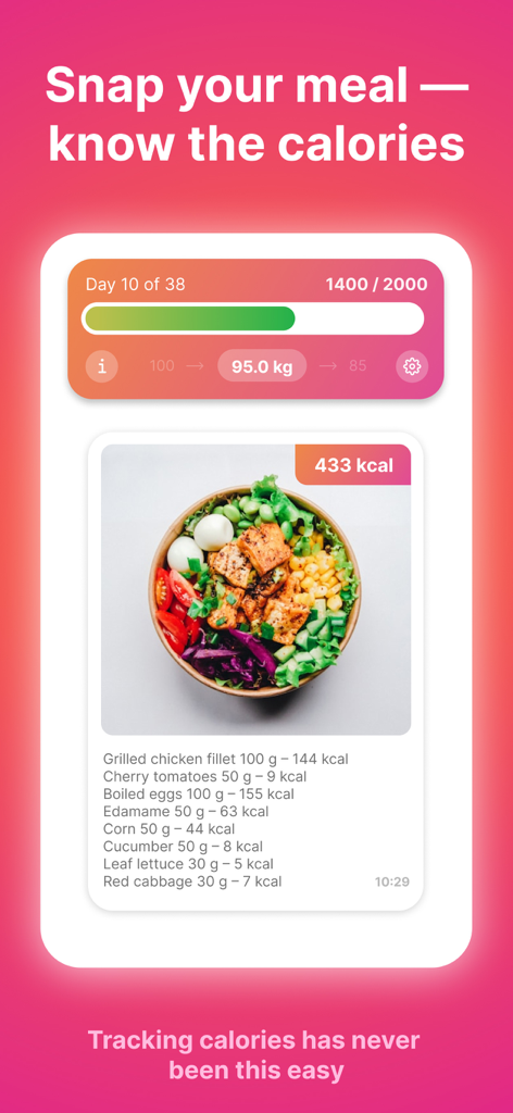 KalorieScan: Calorie Counter - Interfaz de la aplicación KalorieScan que muestra un tazón saludable siendo escaneado para calcular automáticamente las calorías y seguir el progreso diario.