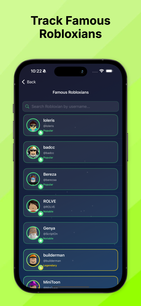 Robux Wallet For Roblox - Ein Bildschirm der mobilen App mit dem Titel „Track Famous Robloxians“, der eine Liste beliebter und bemerkenswerter Roblox-Benutzer im Dark-Mode-Interface anzeigt