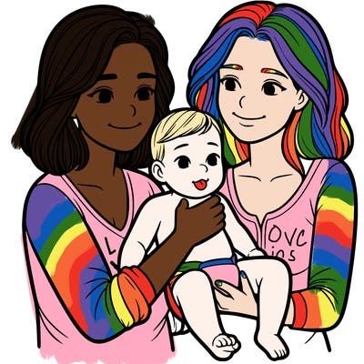 two realistic women holding one baby together