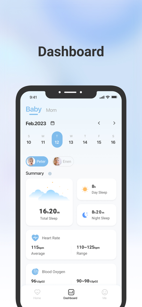 eufy Baby - eufy Babyアプリのダッシュボード。子供の総睡眠時間、心拍数、血中酸素レベルの概要が表示されている。