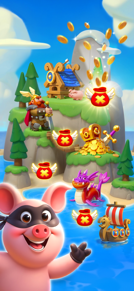 A cheerful pig bandit wearing a mask in front of a Viking themed floating island with gold coins and treasure