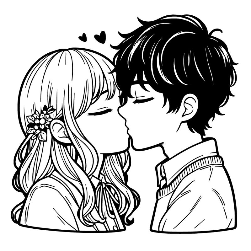 a realistic girl and a realistic boy kissing  with eys shut blushing