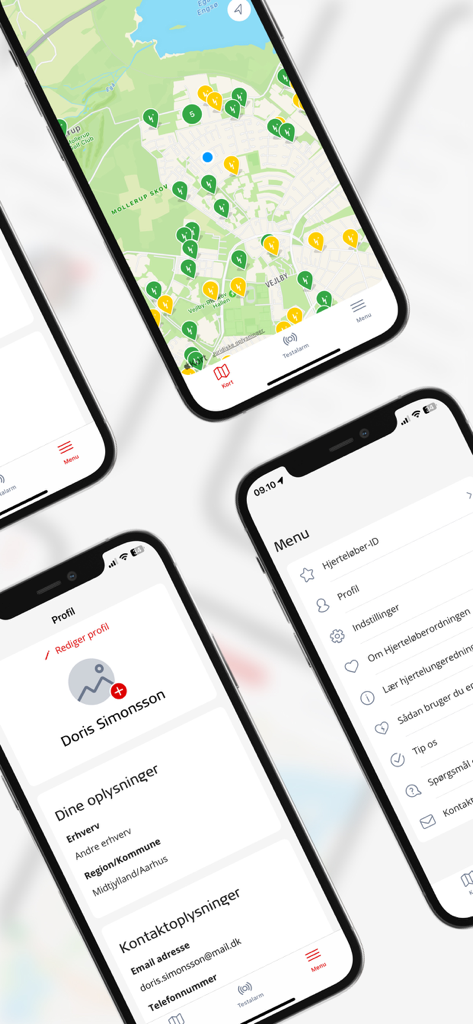 TrygFonden Hjerteløber - TrygFonden Hjerteloberアプリのスクリーンショット。AEDマップとボランティアプロフィール画面が表示されています。