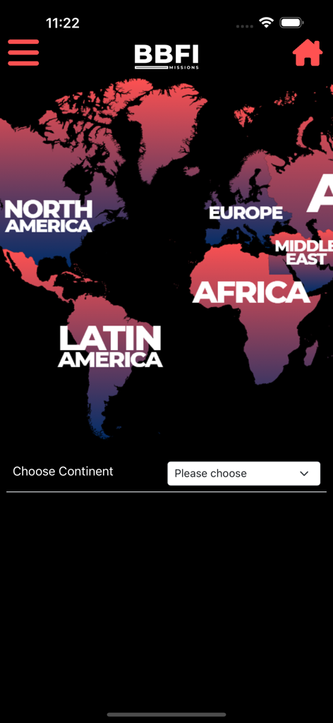 BBFI Missions - BBFI Missions app interface featuring a global map for selecting mission continents