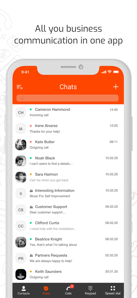 iPhone-Bildschirm, der die Chat-Oberfläche der DataPhone Softphone-App mit einer Liste von Geschäftskontakten und dem Verlauf der letzten Nachrichten anzeigt