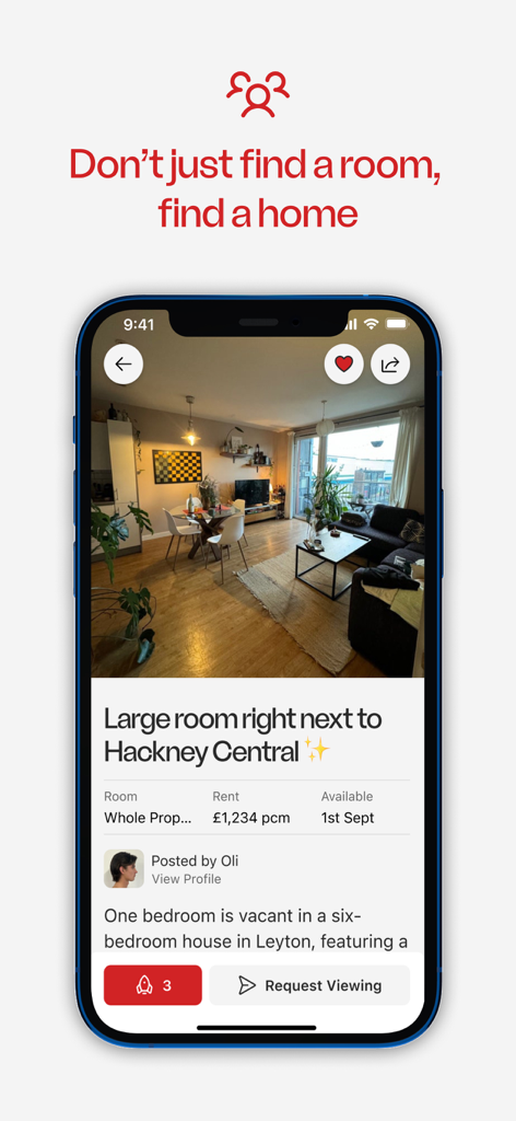 Friends of Friendz - Interface detalhada de listagem de quartos no aplicativo Friends of Friendz mostrando preço de aluguel e botão de solicitação de visita
