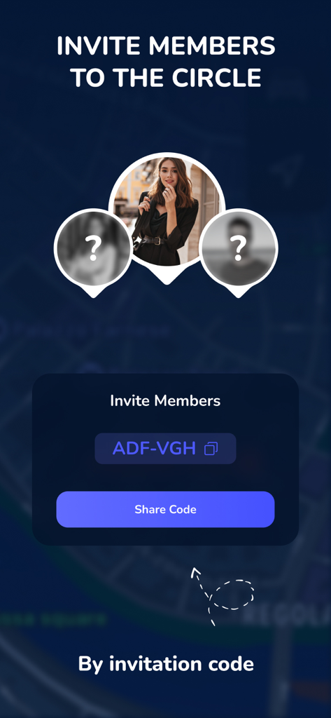 Einladungsbildschirm der Standort-Tracker-App, der einen eindeutigen Code zum Hinzufügen von Mitgliedern zu einem Familienkreis anzeigt.
