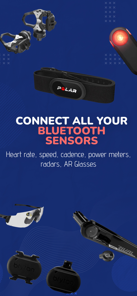 Bike GPS Navigation & Tracker - Infographic showing compatible Bluetooth cycling sensors such as heart rate monitors, power meters, and radars for the BikeCompanion app