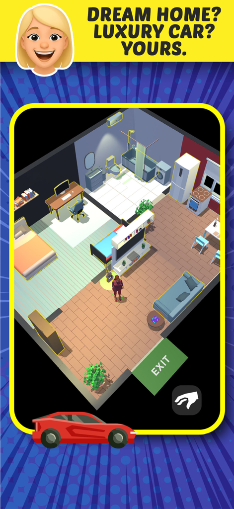 Enclaver - Life Simulator - Isometric view of a customizable virtual home interior and a red sports car in the Enclaver life simulation game