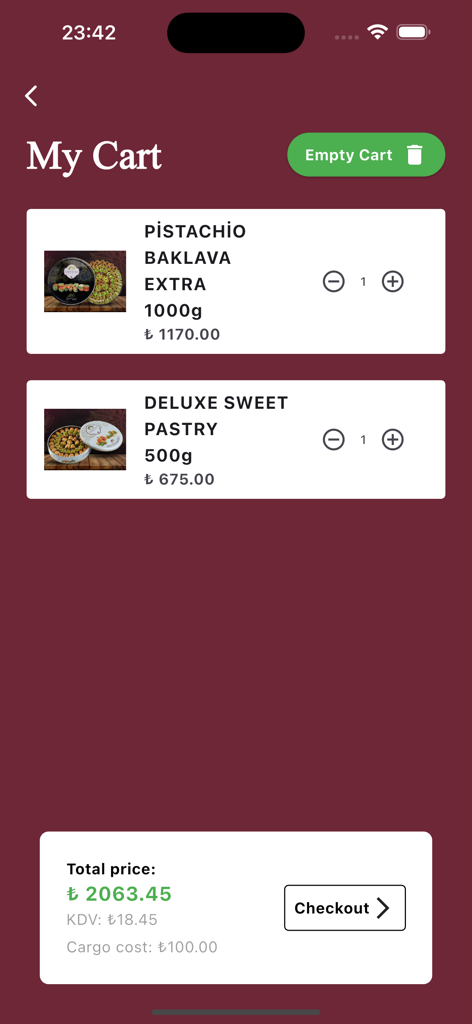 Zaitoune - The shopping cart screen of the Zaitoune app showing pistachio baklava and deluxe sweet pastries with a checkout button