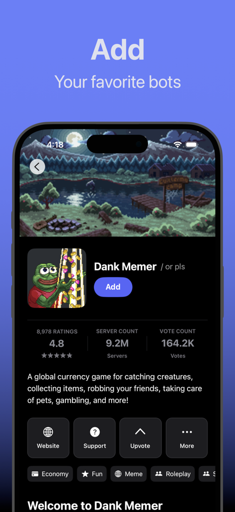 Bots for Discord - Vista dettagliata del profilo del bot Dank Memer all'interno dell'app Bot per Discord, incluse valutazioni e numero di server.