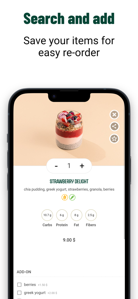 Meal Plan App - Interface do aplicativo móvel para pedir e personalizar um pudim de chia Strawberry Delight com valores nutricionais