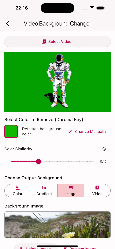 Interface de l'application Éditeur Vidéo Écran Vert montrant la suppression et le remplacement d'arrière-plan par chroma key