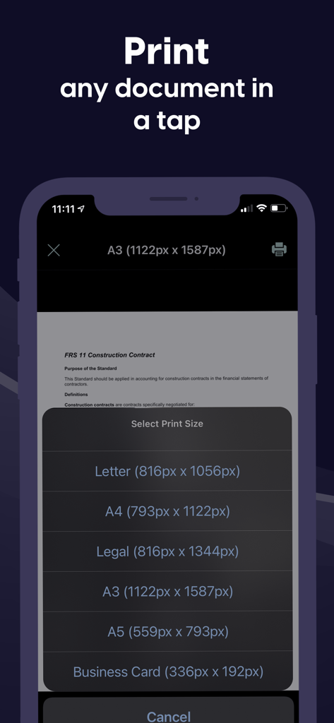 Mobile Benutzeroberfläche der Scanner App, die Optionen zum Drucken von Dokumenten in verschiedenen Größen wie Letter und A4 anzeigt.